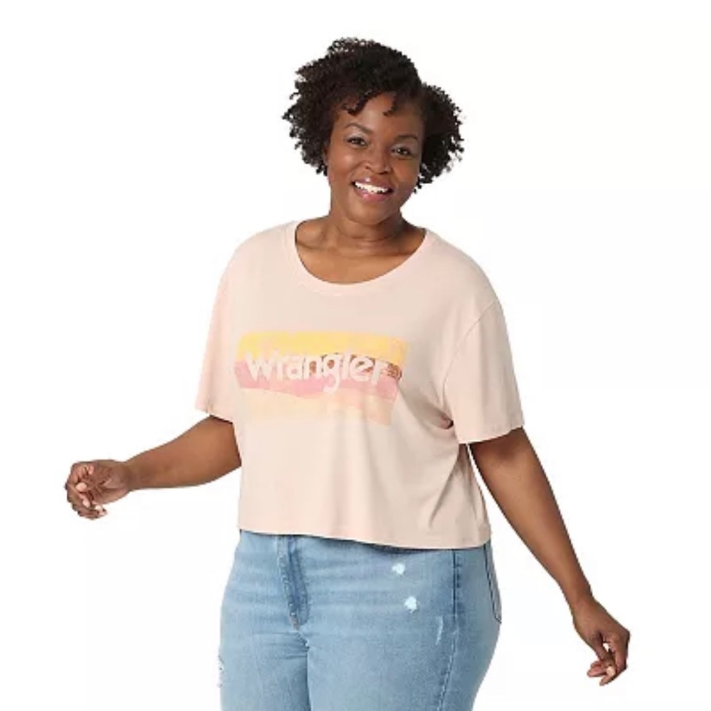 Plus Size Wrangler Boyfriend Cropped Graphic Tee Peach Whip Logo SZ 3X